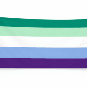 Vincian Pride vlag met groene witte blauwe en paarse strepen en ophangringen links