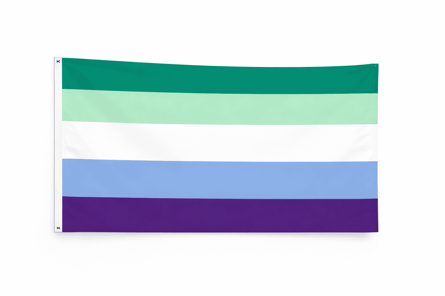 Vincian Pride vlag met groene witte blauwe en paarse strepen en ophangringen links