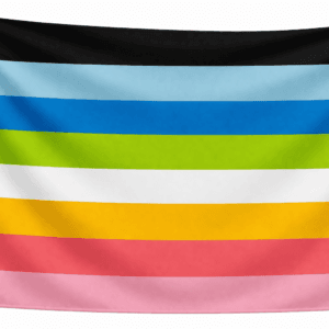 Queer vlag met zeven horizontale banen in zwart, lichtblauw, blauw, groen, wit, geel, roze en lichtroze