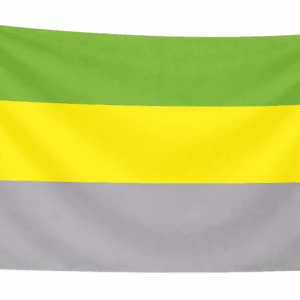 Lithromantic Pride vlag met drie horizontale banen in groen, geel en grijs en ophangringen links