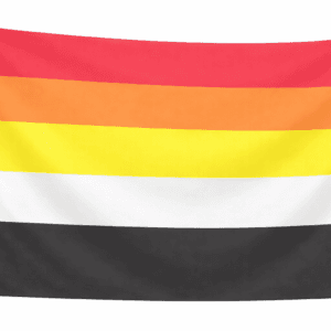 Lithsexual Pride vlag met vijf horizontale banen in roze, oranje, geel, wit en donkergrijs en ophangringen links