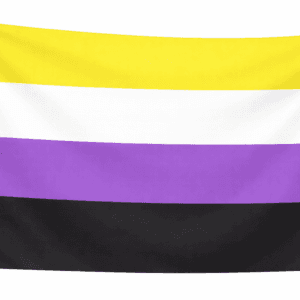 Non-binary Pride vlag met vier even brede horizontale banen: boven geel, daaronder wit, vervolgens paars en onderaan zwart