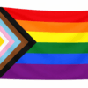 LGBTQIA+ Pride vlag met zes horizontale regenboogbanen en een uitgebreide chevron links met wit, roze, lichtblauw, bruin, zwart en geel met paarse cirkel en ophangringen links