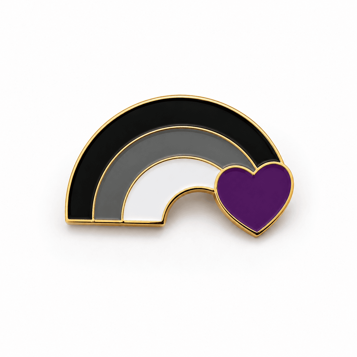 Aseksuele Pride regenboog pin met zwarte grijze en witte boog paars hart en goudkleurige rand