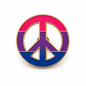Ronde biseksuele Pride pin met vredessymbool in roze paars en blauw