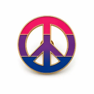 Ronde biseksuele Pride pin met vredessymbool in roze paars en blauw