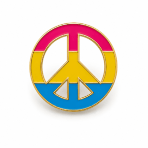 Ronde Pansexual Pride peace pin in roze geel en blauw met goudkleurige rand