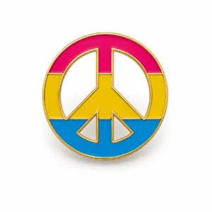 Ronde Pansexual Pride peace pin in roze geel en blauw met goudkleurige rand