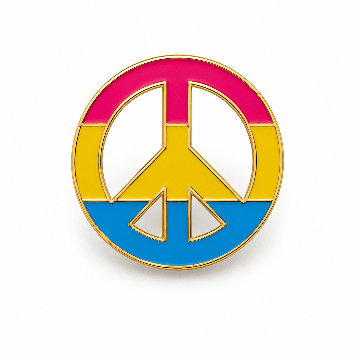 Ronde Pansexual Pride peace pin in roze geel en blauw met goudkleurige rand