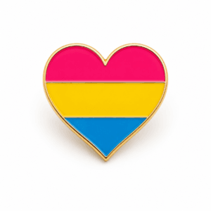hartvormige Pansexual Pride pin in roze geel en blauw met goudkleurige rand