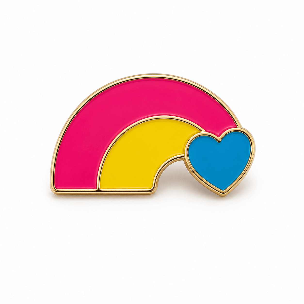Pansexual Pride regenboog pin in roze en geel met blauw hart