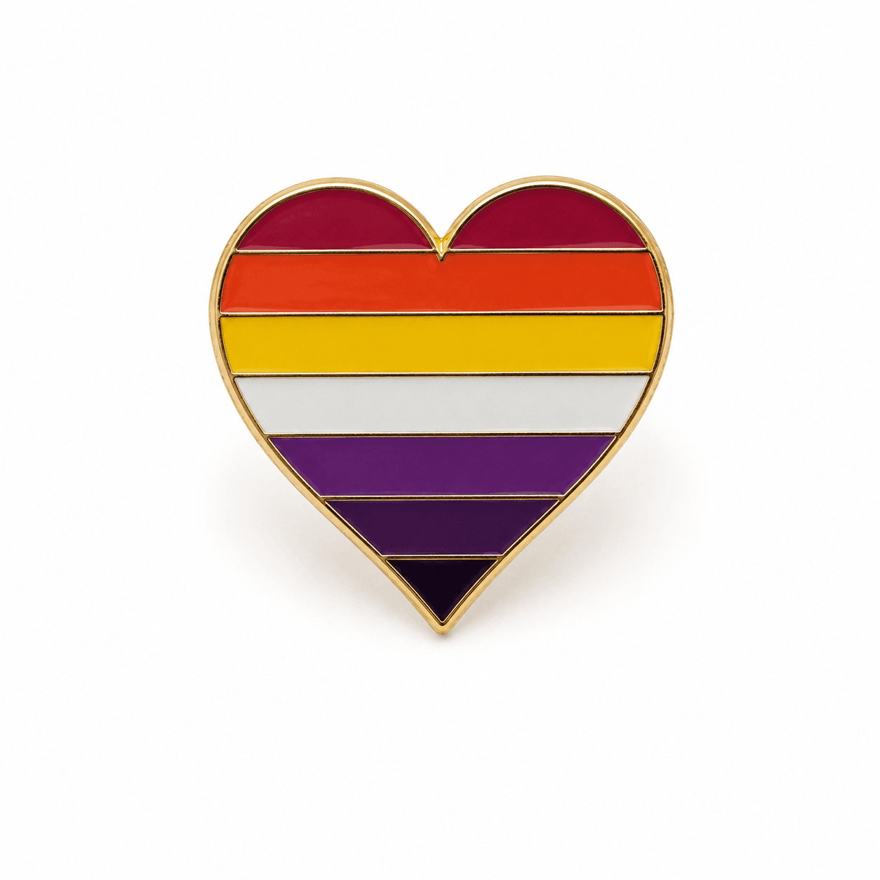 Hartvormige Lesbian Pride pin met 7 kleurbanen en goudkleurige rand