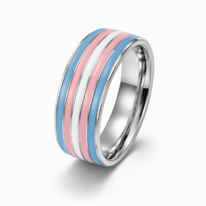 Zilverkleurige Transgender Pride ring met roze witte en blauwe banen