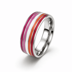 Zilverkleurige Lesbian Pride ring met roze witte en oranje kleurbanen