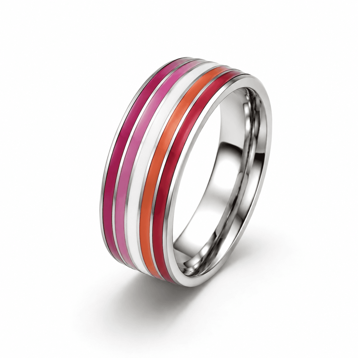 Zilverkleurige Lesbian Pride ring met roze witte en oranje kleurbanen