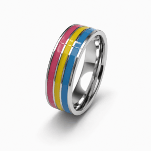 Zilverkleurige Pansexual Pride ring met roze gele en blauwe banen
