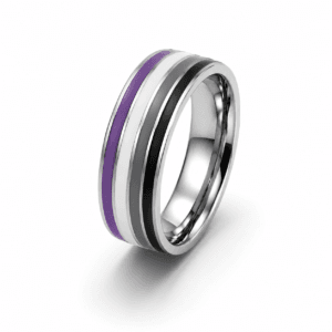 Zilverkleurige Asexual Pride ring met paarse witte grijze en zwarte banen