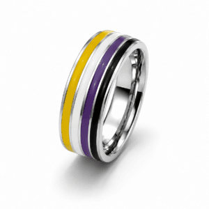 Zilverkleurige Non-binary Pride ring met paarse witte en gele banen