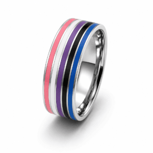 Zilverkleurige Genderfluid Pride ring met roze witte paarse zwarte en blauwe banen