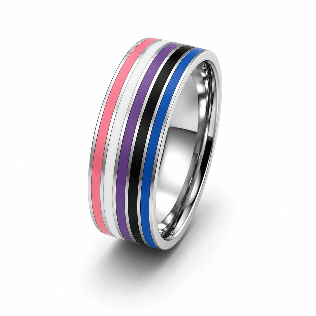 Zilverkleurige Genderfluid Pride ring met roze witte paarse zwarte en blauwe banen