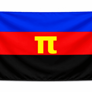 Polyamory Pride vlag met blauwe rode en zwarte banen en goudgeel pi-symbool